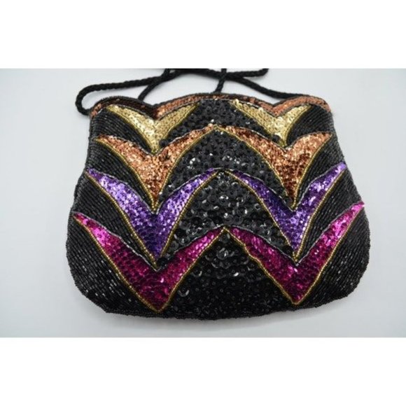 Evening Purse Glam Sequins 1980s Chevron Pattern Black Sparkly Handbag